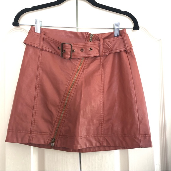 Free People | Vegan Leather Copper Mini Skirt Belted Moro Biker - Picture 2 of 6
